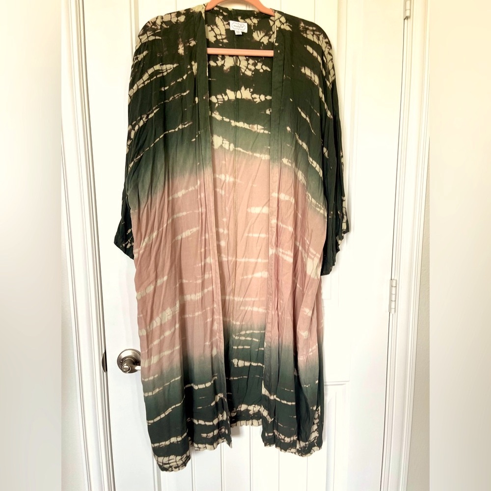 Mud Pie Kimono Duster Shawl Swim Cover OS Green-Gray Pink Tie Dye Boho Flowy